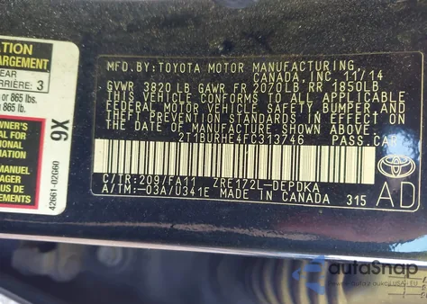 2015 Toyota Corolla L from USA, damaged, VIN 2T1BURHE4FC313746
